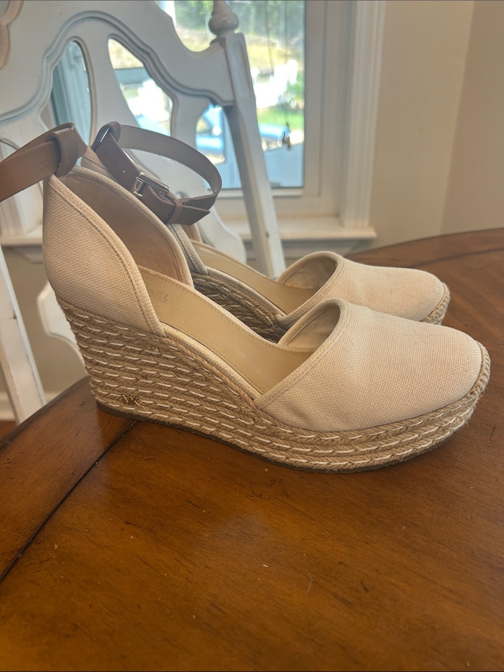 Michael Kors Cream Canvas Espadrille Wedge Sandals with Brown Ankle Strap
